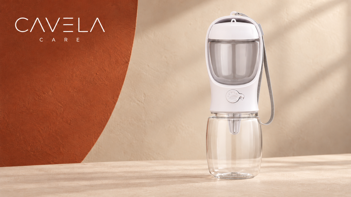 Cavela Care GoSip pet travel water bottle in white, studio photo